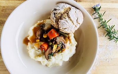 Veggie Stew Over Mashed Potatoes