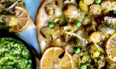 Brussel Sprout and Pea Pesto Pizza