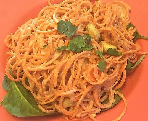 Carrot pasta with Corn Sauce - Healthy Vegan Recipes - HappyCow