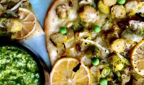Brussel Sprout and Pea Pesto Pizza - Healthy Vegan Recipes - HappyCow