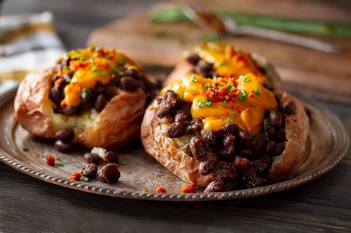 Cheesy Baked Potato and BBQ Black Beans - Healthy Vegan Recipes - HappyCow