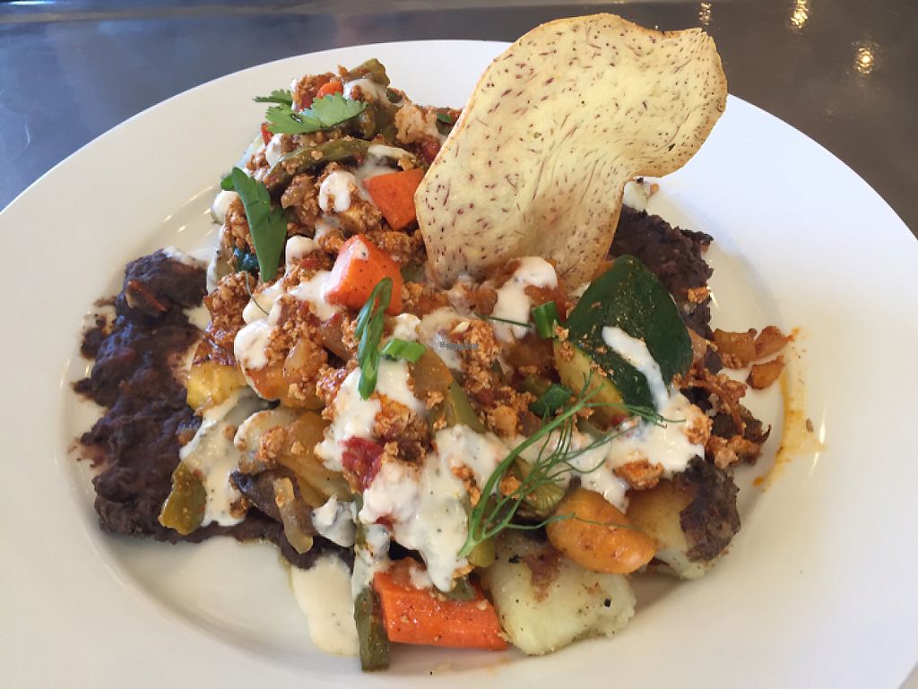 Eat Marketplace Temecula California Restaurant Hycow Vegan Huevos With Plant Based Chorizo Over Black Bean Purée Breakfast Potatoes Tomato