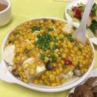 Corn and soft tofu dish at Po Lin Monastery 寶蓮禪寺齋堂 in Outlying Islands