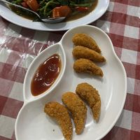 Fried shrimp (this was really good!! Structure like actual shrimp, crazy!) and spinach   at Happy Buddha in Kuta