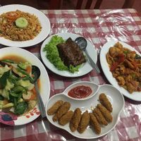 Nasi goreng, mock duck, chicken dippers, mixed veg and sweet and sour chicken at Happy Buddha in Kuta