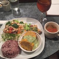 My lunch set with Kombucha for 1000 yen. Also, the salad dressing was a peanut sauce dressing.... IT WAS SO GOOD! at Green Earth in Osaka