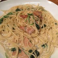 Soy ham, and creamy spinach pasta at Green Earth in Osaka