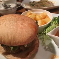 Soy burger with salad and potatoes  at Green Earth in Osaka