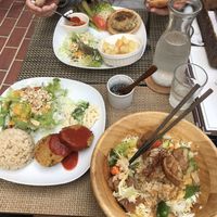 Soy burger, Lunch set with brown rice and Taco rice at Green Earth in Osaka