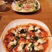 Vegan pizza with cheese, soy meat and mushrooms at Green Earth in Osaka