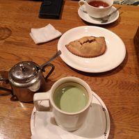Soy milk matcha latte and vegan apple pie and tea at Green Earth in Osaka