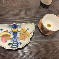 The appetizer included seitan with lemon and a refreshing tea  at Fucha Bon in Tokyo