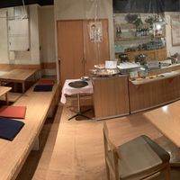 Buffet serving line and kotatsu seating  at Crayon House in Tokyo