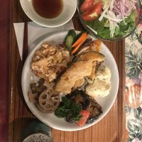 Vegan lasagne , pumpkin tempura, ummm everything’s good♡ at Crayon House in Tokyo