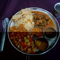 The plate with most of the food they had on the spread that day at Annalakshmi Temple of Fine Arts in Penang