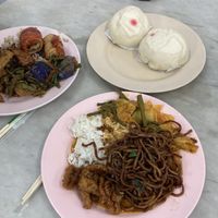 Food selection with rice & lotus bao buns  at Ee Beng Vegetarian Food 毅明素食 in Penang