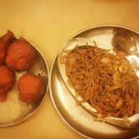 Chilli Garlic Noodles with Bahjis  at Woodlands Vegetarian Restaurant - Georgetown in Penang