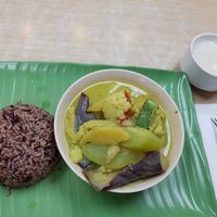 Thai Green Curry with brown rice. Accompanied by an organic soy bean drink. at Ci Hang 慈航 in Central Singapore