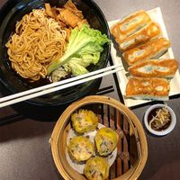 Noodles, siew Mai, potstickers  at Divine Realm 天运素食园 in Northeast Singapore