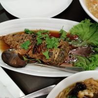 Handmade fried mock fish with soy sauce at Greenland Vegetarian Restaurant 菩提林 in Northeast Singapore