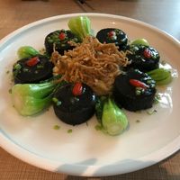 Charcoal tofu with mushroom and seasonal veg at  Ling Zhi Restaurant 灵芝 - Novena in Central Singapore