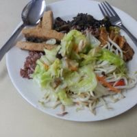 Mock fish, veggies, mock meat, rice at Su Shi Piao Xiang 素食飘香 - Fortune Centre in Central Singapore