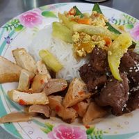 Noodles, faux-meat and tofu at Youta Jay Vegetarian Food in Ayutthaya