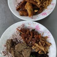 Rice with fake meat at Youta Jay Vegetarian Food in Ayutthaya