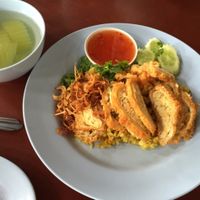 A vegetarian chicken (tofu) dish with yellow rice and soup, 25 baht at Chamlong's / The Vegetarian Society Chatuchak in Bangkok