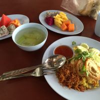 65 baht for all of this (including the two steamed buns in the bag at the top) at Chamlong's / The Vegetarian Society Chatuchak in Bangkok