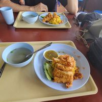 Yellow rice with fried "chicken" for 30 THB a plate. A delicious steal! 😋 at Chamlong's / The Vegetarian Society Chatuchak in Bangkok