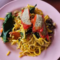 Fried noodles with mock meat at Chamlong's / The Vegetarian Society Chatuchak in Bangkok