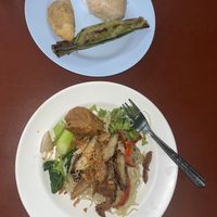 Vegan meat, noodles, banana rice, bao  at Chamlong's / The Vegetarian Society Chatuchak in Bangkok