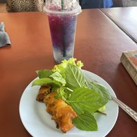 Mushroom “sausage” + drink  at Chamlong's / The Vegetarian Society Chatuchak in Bangkok