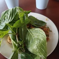 Spicy tofu salad with a lovely bunch of Thai basil at Chamlong's / The Vegetarian Society Chatuchak in Bangkok
