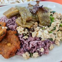 Red chilli paste vegan fish cake, bitter melon and larb tofu on riceberry rice (just 65 baht!) at Rabiengboon - MBK in Bangkok