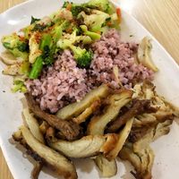 Mock pork (or duck maybe? The dishes aren’t labelled) with rice and stir fried veg, 55 baht at Rabiengboon - MBK in Bangkok