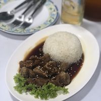 Vegan fried pork in black soy sauce with rice at Ruyi Vegetarian in Bangkok