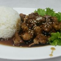 Mock meat and rice at Ruyi Vegetarian in Bangkok