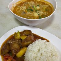 Tom yam with noodles and sweet and sour fish  at Ruyi Vegetarian in Bangkok