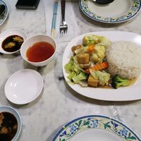 Rice and vegetables at Ruyi Vegetarian in Bangkok