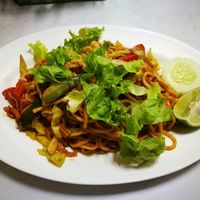 tomato friend noodles at Ruyi Vegetarian in Bangkok
