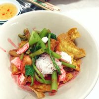 fried wontons which came with a mystery pink sauce and mock crab pieces at Ruyi Vegetarian in Bangkok