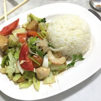 Stored veggies and added tofu  at Ruyi Vegetarian in Bangkok