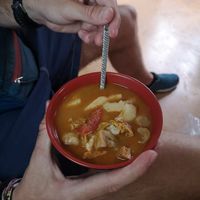 Amazing Tom Yum eaten in the train. 80B at Ruyi Vegetarian in Bangkok