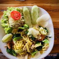 stir fry yellow noodeln with vegetable  at Aum in Chiang Mai