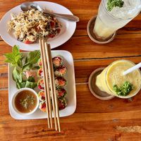 Fresh spring rolls, tea leaf salad and drinks   at Aum in Chiang Mai