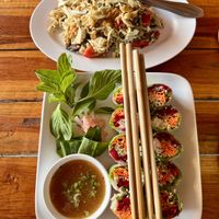 Fresh spring roll and tea leaf salad   at Aum in Chiang Mai