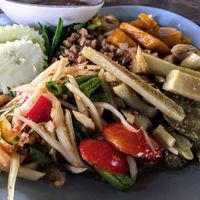 Papaya salad, green curry, pumpkin & mushrooms  at Vegetarian Thai Orchid in Chiang Mai