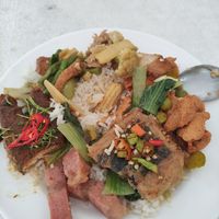 Rice and mixed 'meat'/'fish' options + drink at 150THB at Num Heng Vegetarian in Hat Yai